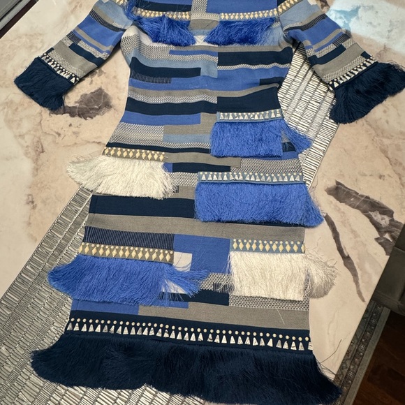 RARE! Herve Leger Abstract Blue Fringe Dress Like New size Small - Picture 3 of 6